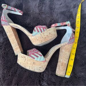 Steve Madden Cork Platform Heels with Red and Denim Pattern